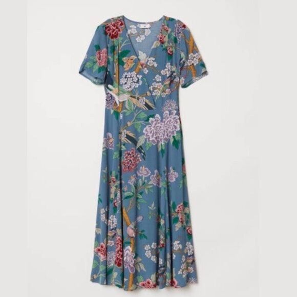 GP & J BAKER × H&M Collab Floral Cottagecore Midi Wrap Dress Size 0 Blue Multi - Picture 4 of 8